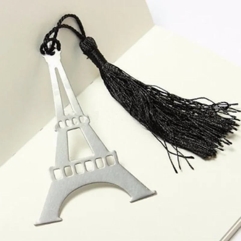 

Wholesale 100PC Romantic Eiffel Tower Bookmarks With Tassel Metal Bookmark Stationery Party Favor Birthday Gifts Wedding Gifts