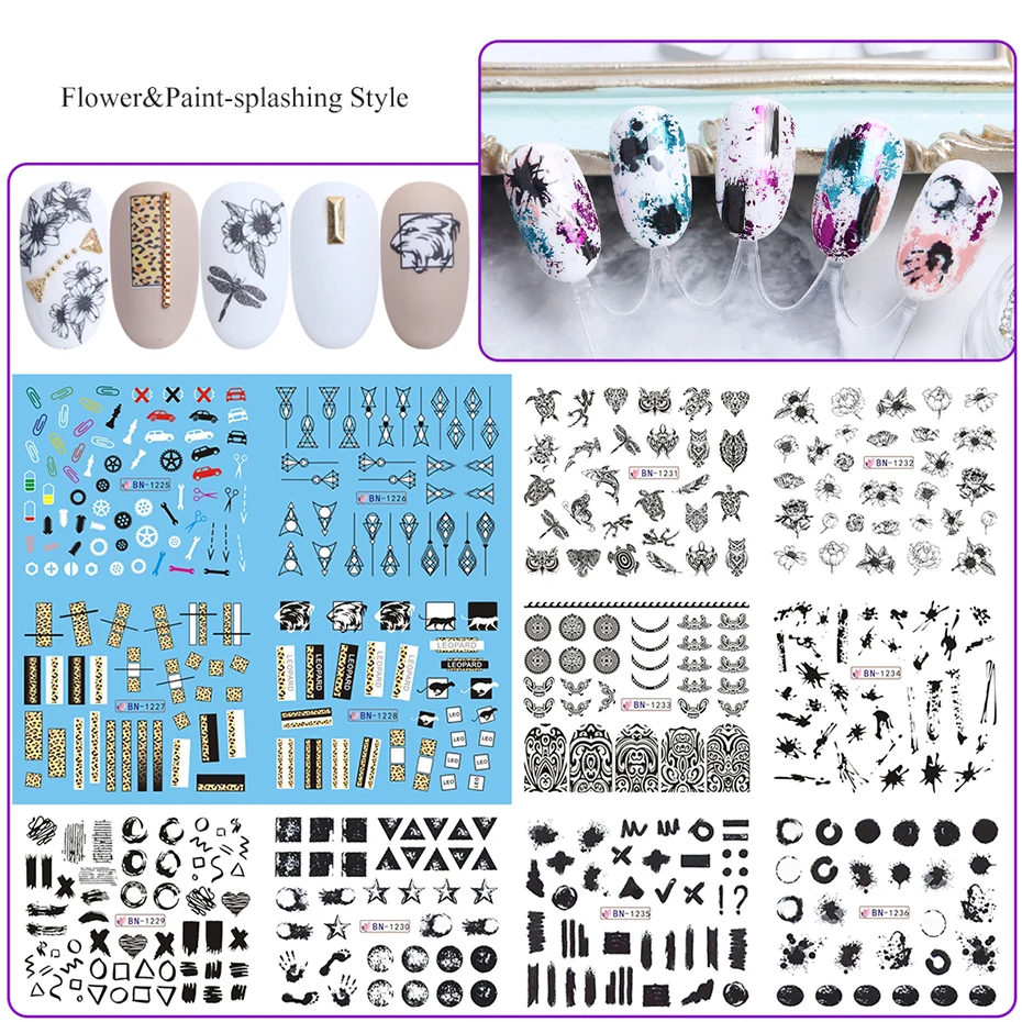  36 Type Floral Nail Water Decals DIY Colorful Geometry Hollow Wraps Flower Nail Art Decorations Nail Sticker Set LEBN1213-1248 (8)