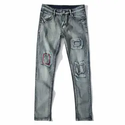 Szymgs новые модные серые Узкие рваные лоскутные джинсы мужские байкерские джинсы скинни мужские Distressed Jean Брюки для девочек отверстие