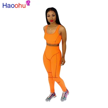 

HAOOHU Neon Green Sexy Two Piece Tracksuits Summer Outfits Crop Top and Pant Sweatsuits Matching Sets 2 Piece Outfits for Women