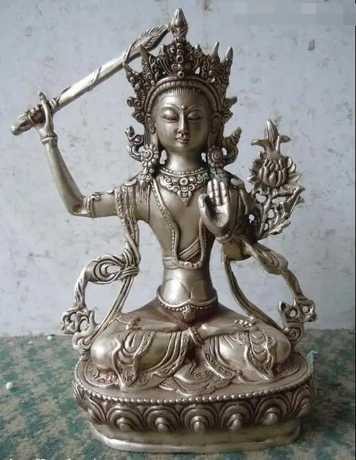 

free 8" Chinese silver Bronze carved fine Buddhism MANJUSHRI buddha Sculpture Statue fast