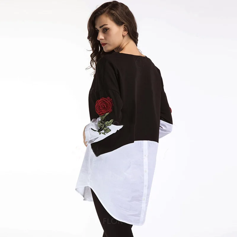 New Women Rose Print Embroidered Shirt Stitching Color Loose Long Sleeve Tops Irregular Button Tops Blouse