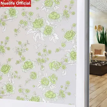 

60x500cm Chinese green peony flower pattern PVC frosted glass film living room bedroom shop office bathroom opaque window film