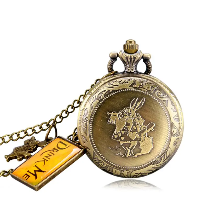 Alice in Wonderland Mad Hatter Rabbit Drink Me Tag Quartz Pocket Watch Dark Brown Glass Necklace Pendant Gifts for Women Girls 2019 2020 2021 2022 (8)