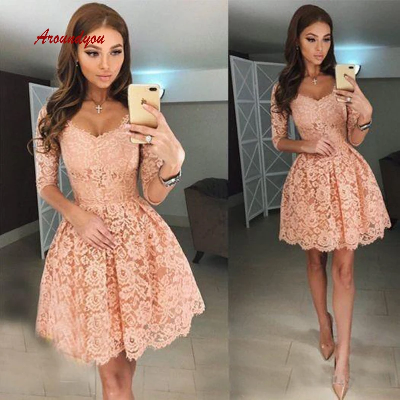 

Sexy Lace Short Cocktail Dresses with Sleeves Prom Plus Size Formal Graduation Party Homecoming Dresses