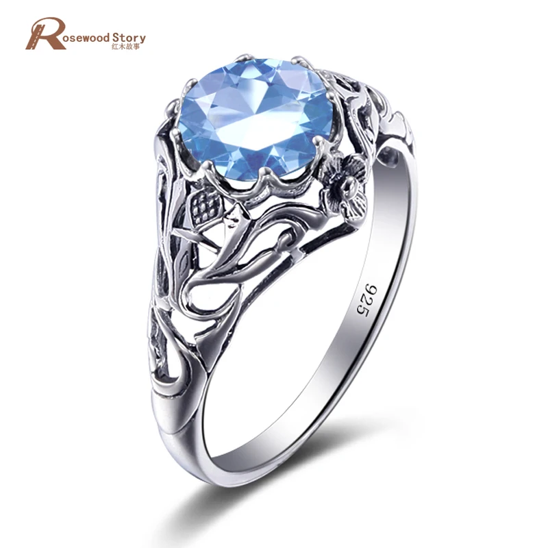 

New Vintage Wedding Rings Fashion Solitaire Round Cut Blue Crystal Real 925 Sterling Silver Birthstone Rings Size 5-10 Wholesale