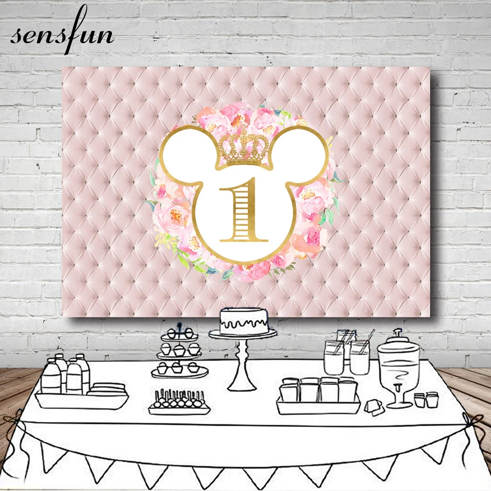 

Sensfun 7x5ft Pink Gold Crown Flower Mickey Happy Birthday Girls Baby Shower Photography Studio Background Backdrop Vinyl