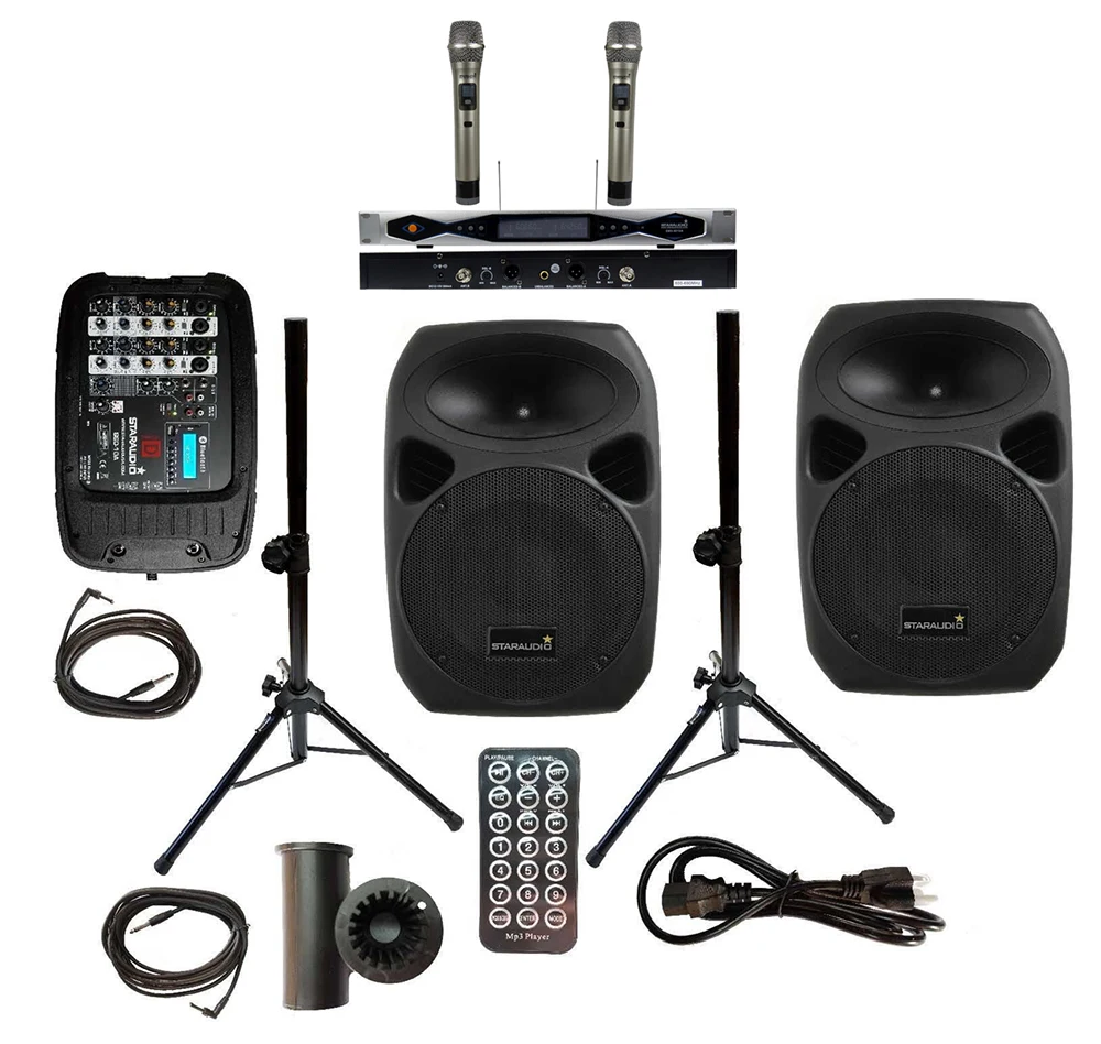 2 STARAUDIO 1500W 10"PA Party Stage Passive BT DJ Speakers With 2CH UHF Wireless Mics 2 Stands W