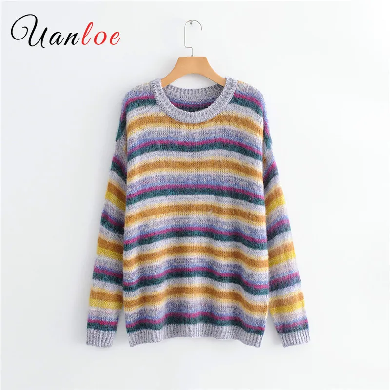

2018 Autumn Korean Striped Sweaters One Size Women Sweaters and Pullovers Oversized Knitted Tops Female Long Jumper