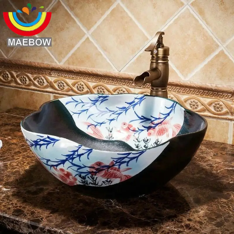 Us 182 2 50 Off Artistic Porcelain Handpainted Golden Fish Pool Flower Shape Black Countertop Ceramic Bathroom Sink Wash Basin In Bathroom Sinks