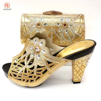 

New Gold Color African Sets Nigeria Wedding Shoes and Bags Set Decoratd with Rhinestone Set Italian Shoes and Bags To Match