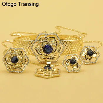 

Otogo Transing 2019 Party Gold Color Jewelry Set Women Fashion Charm Blue Crystal Ring Earrings Necklace Bracelet Flower SET214
