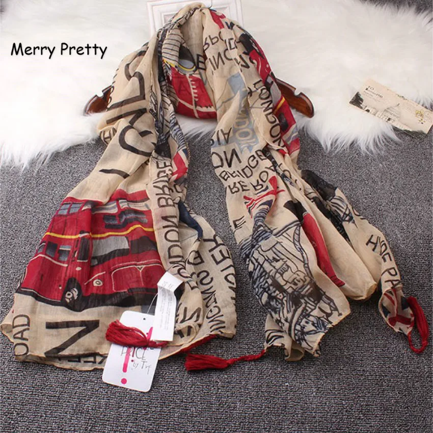 

Merry Pretty autumn scarf women 2018 sunscreen large size print soft lady London Tower Bridge flag printed scarves for ladies