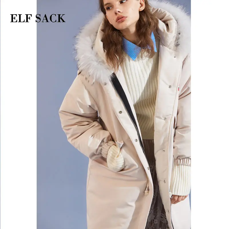ELF SACK Women Winter Long Down Coats Fox Prints Hooded Fur White Duck Down Coats Warm Thick Longs Down Jackets Fashion Week Coats
