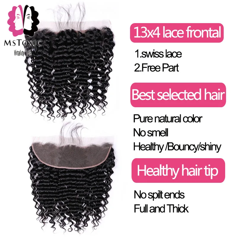 Mstoxic Brazilian Deep Wave Frontal 13x4 Ear To Ear Lace Frontal Closure Free Part 100% Human Hair Natural Color Non Remy Hair