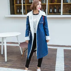 Зимняя длинная бархатная куртка для женщин толстые теплые джинсовые пальто флис Винтаж Oversize Осень Джинсовая Верхняя одежда LM043