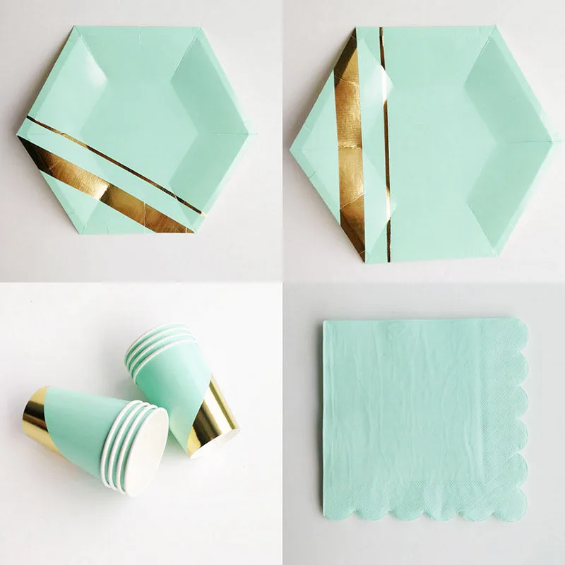 Gold Blue Paper Tableware Birthday Party Decorations Kids Adults Birthday Paper Plates Napkins Cups Straws Disposable Tableware