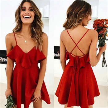 

Sexy Spaghetti Strap Backless Mini Dress Women Clothes 2019 Summer Club Ruffles Red Party Bandage Ladies Dresses Robe Femme