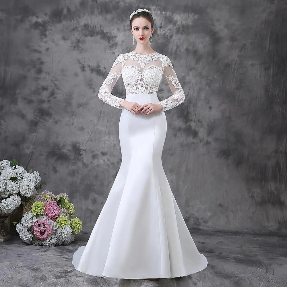Sexy Mermaid Backless Long Tail Long Sleeve Lace Wedding Dresses-in