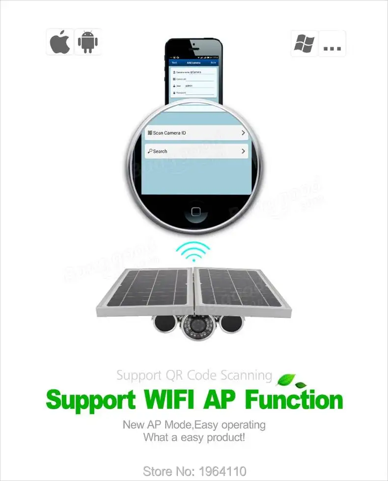 Solar Powered WIFI ONVIF 1080P IP Bullet Camera with Night Vision & Live Image Video Remote Monitoring by Free Android & iOS APP_F3