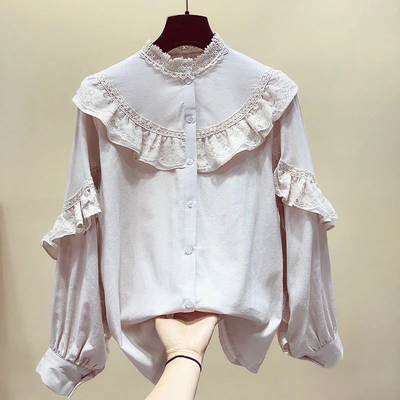 

MUMUZI Women white Blouse spring Long Sleeve High fashion Lace Shirts Tunic Through Button Up Women ruffles Tops and Blouse