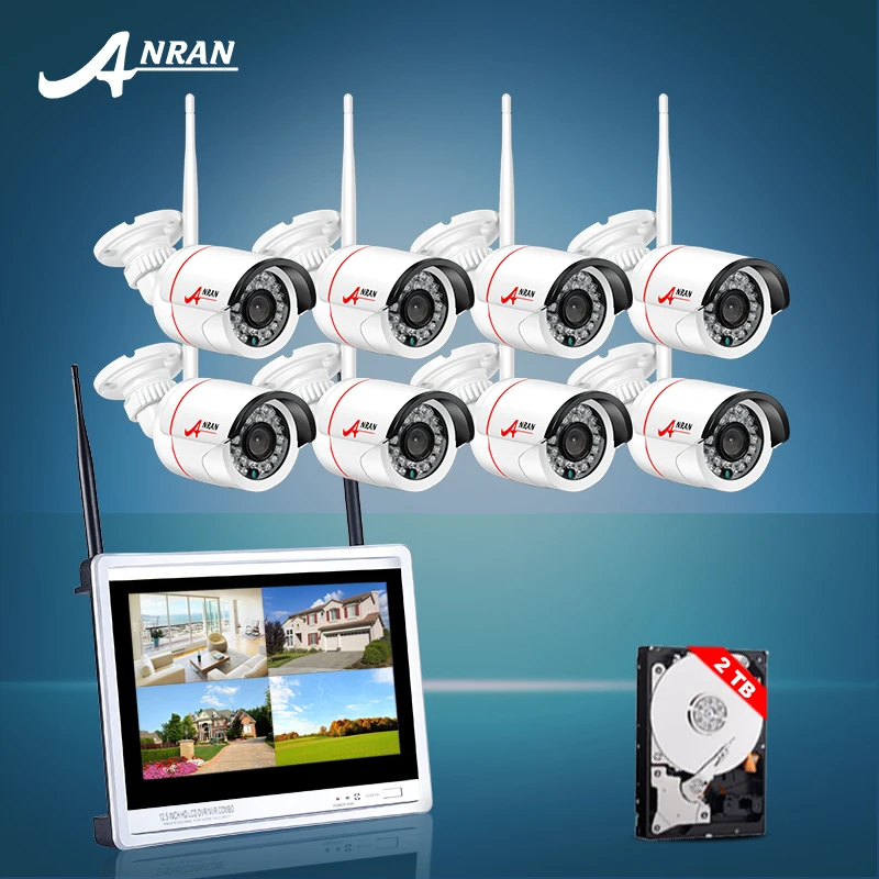 

8CH 720P HD Outdoor IR Night Vision Video Surveillance Security 8pcs IP Camera WIFI CCTV System Wireless 12" LCD NVR Kit 2TB HDD