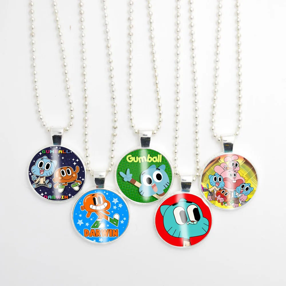 New 5pcs/Lot Amazing World Of Gumball Necklace, Handmade Glass Cabochon Ball Chain Pendant