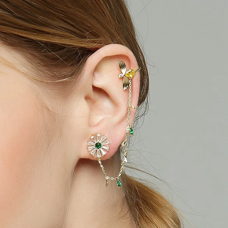 

MIGGA 1pc Green Cubic Zircon Stone Leaf CZ Crystal Flower Stud Earring Long Chain Bee Ear Cuff for Women
