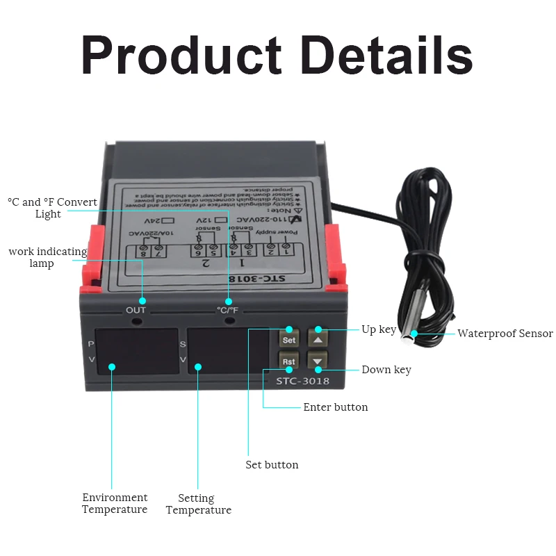 STC-3018 12V 24V 220V Digital Temperature Controller C/F Thermostat Relay 10A Heating/Cooling Thermoregulator Dual LED Display