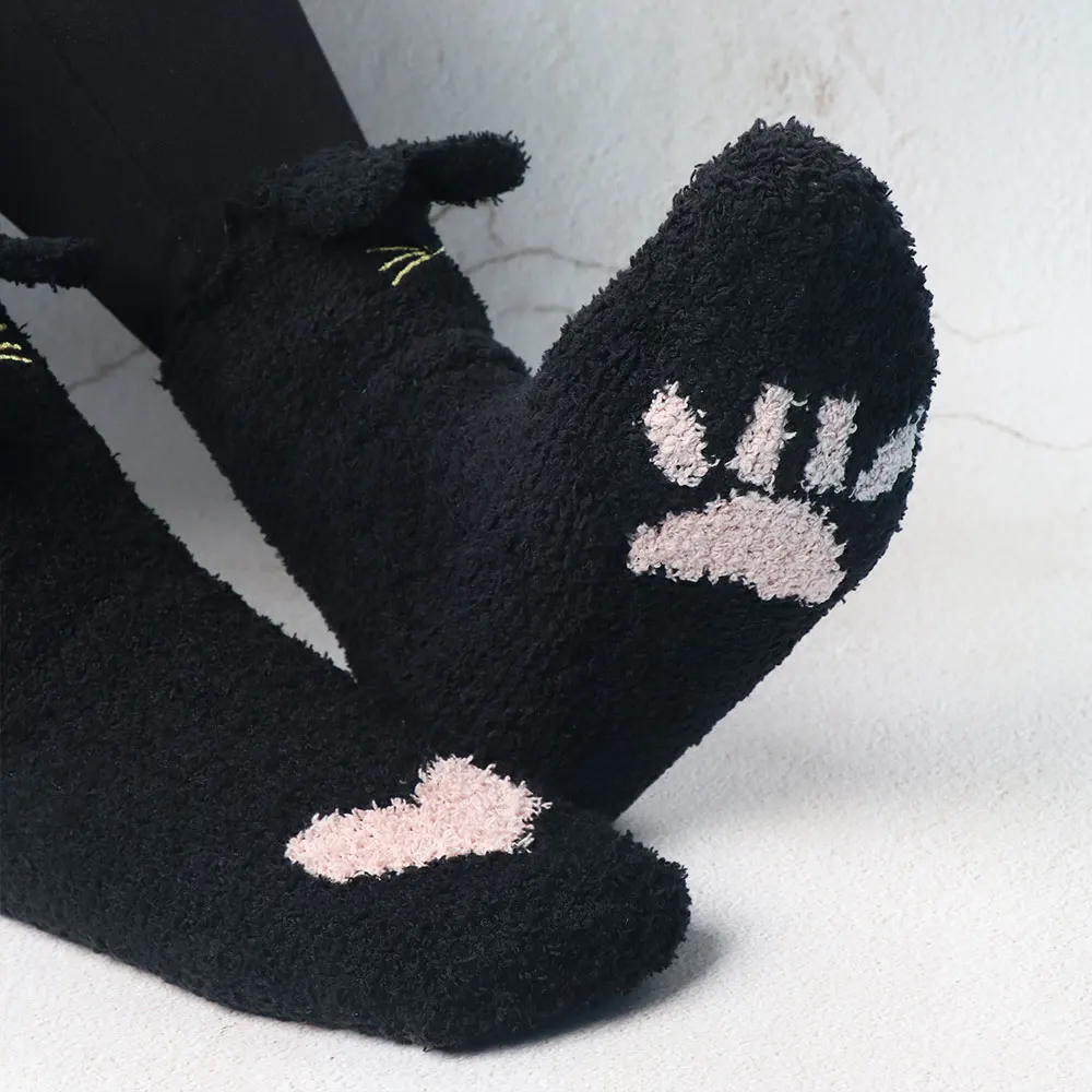 Women Cotton Socks Thicken Warm Coral Fleece Socks Embroidery Cute Cat