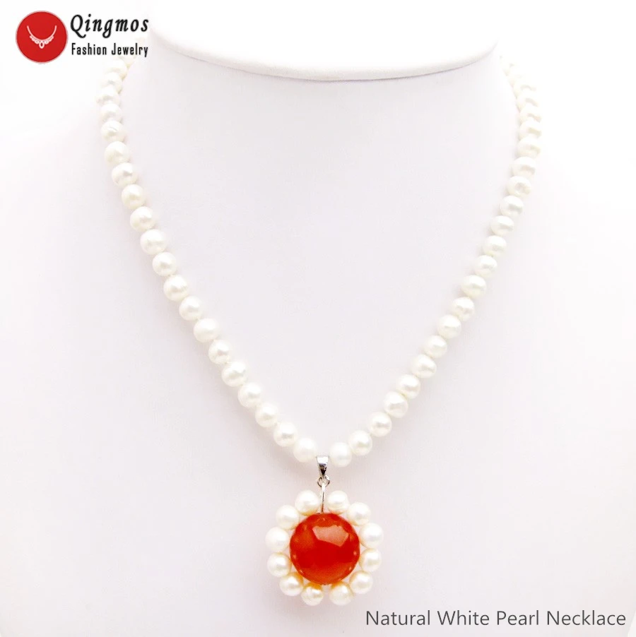 

Qingmos Natural Pearl Pendant Necklace for Women with White 6mm Pearl Necklace 18mm China Red Jades Stone Necklace Jewelry 17