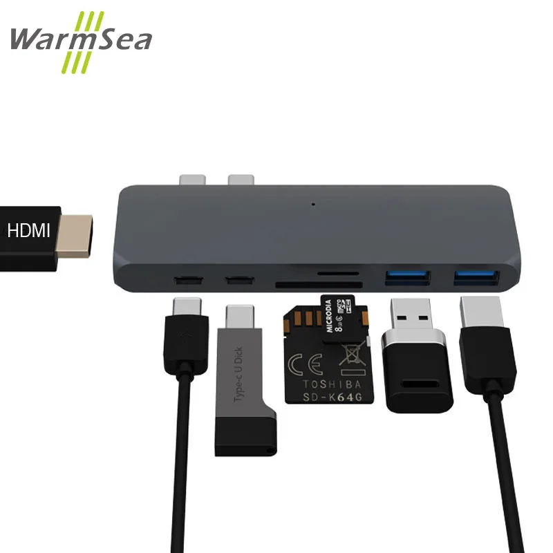 USB C концентратор TYPE C Thunderbolt 3 адаптер USB-C док-станция с HDMI 4k PD USB 3,0 SD TF кард-ридер для MacBook Pro Air 13 15 - Цвет: Gray