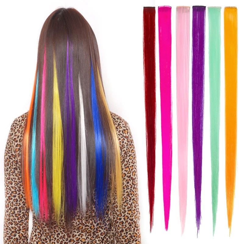 

Colored Highlight Synthetic Hair Extensions Clip Color Strips 55cm Long Straight Hairpiece Multicolor Wig Hair Accessories TSLM1