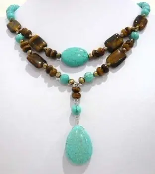 

FREE shipping> >>>> Lovely! 2Strds Brown Pearl &Blue Turkey Turquoise&Tiger's Eye Necklace