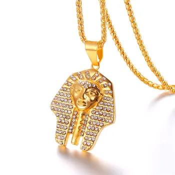 

Pharaoh Head Necklace Men Full Crystal Rhinestone Egyptian Jewelry with Hip Hop Chain P07G