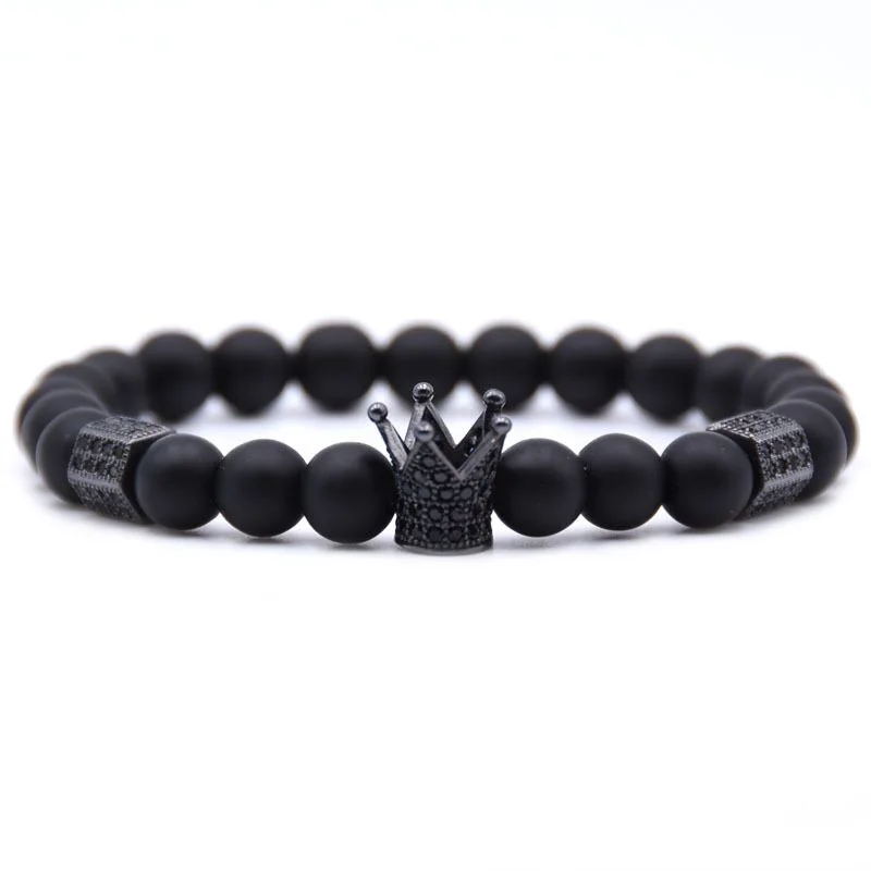 

DOKOL Mens Bracelet Cubic Zirconia Crown Jewelry 2*4 CZ Stone Strand Bracelet Matte Onyx Black Lava Beaded Bracelets DKB0111