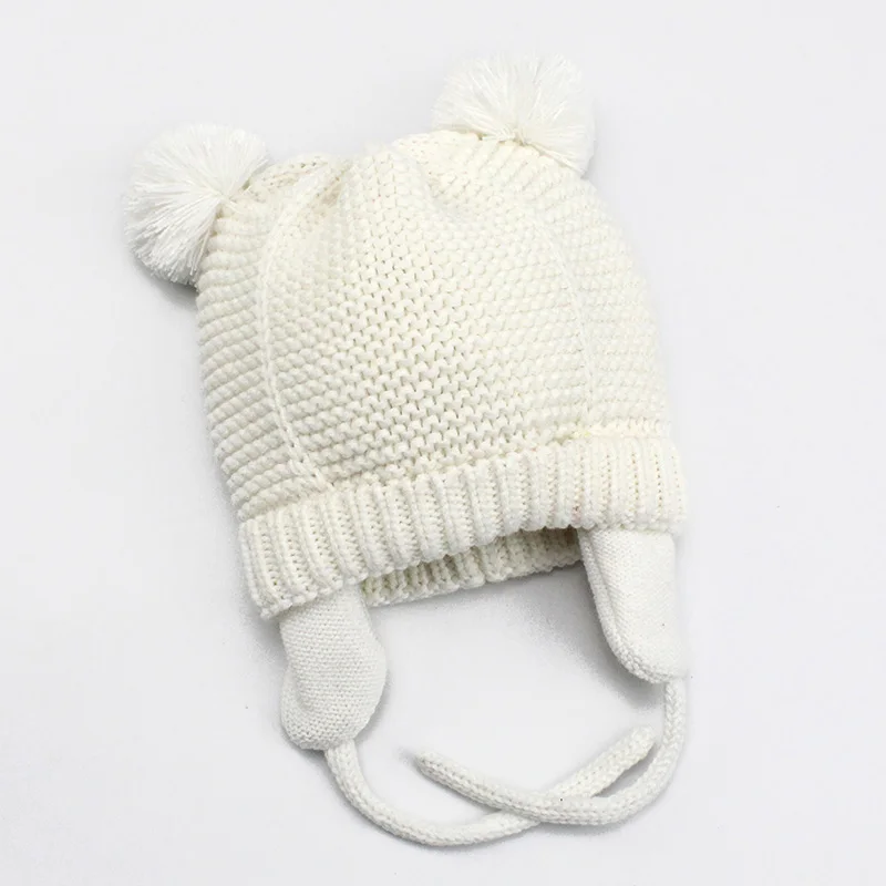 Милая вязаная детская шапка с помпоном, плотная теплая шапка для маленьких девочек и мальчиков, зимняя шапка с ушками, теплая детская шапка, детская шапочка для новорожденных - Цвет: white