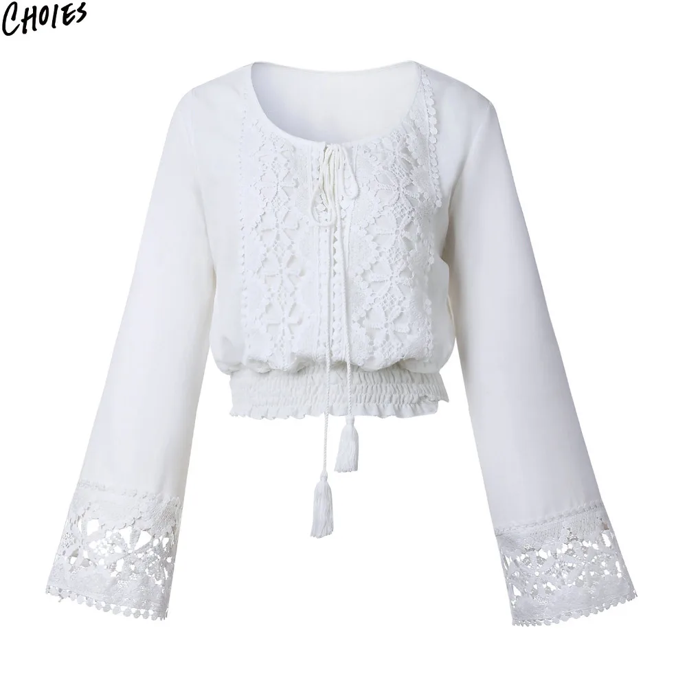 White Tie Front Crochet Lace Cropped Blouse Women Long