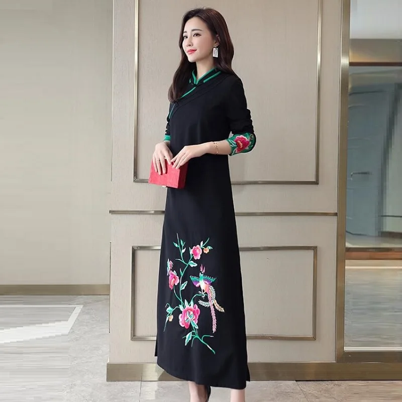 2 Традиционное китайское платье макси размера плюс Cheongsam с цветочной вышивкой красное черное винтажное Ретро Vestido Ao Dai вьетнамское платье TA1413 - Цвет: 2