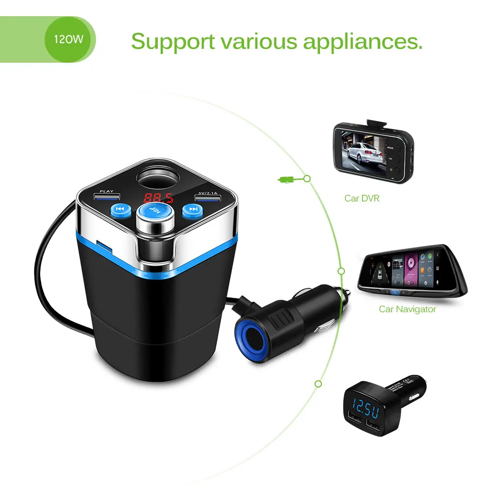 Автомобильное зарядное устройство ONEVER в форме чашки, Bluetooth, fm-передатчик, светодиодный дисплей 3.1A, прикуриватель с микрофоном, поддержка карт TF