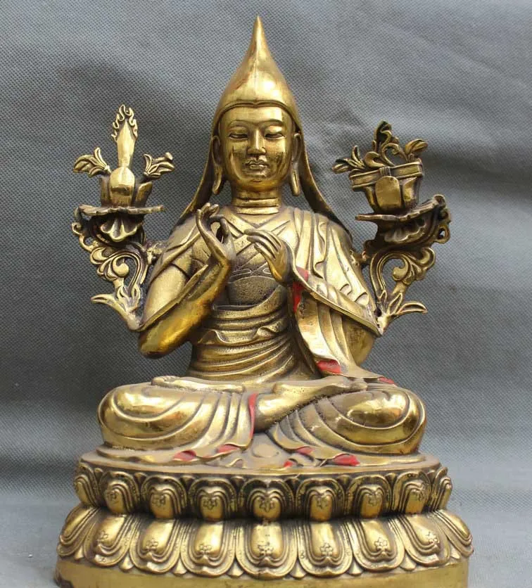 

12" China Bronze Gilt Buddhism Sculpture Tibet Lotus Tsongkhapa Buddha Statue FREE SHIPPING
