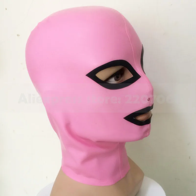 Унисекс Розовый и отделка черный латексный резиновый маска капюшон с задней молнией RLM011