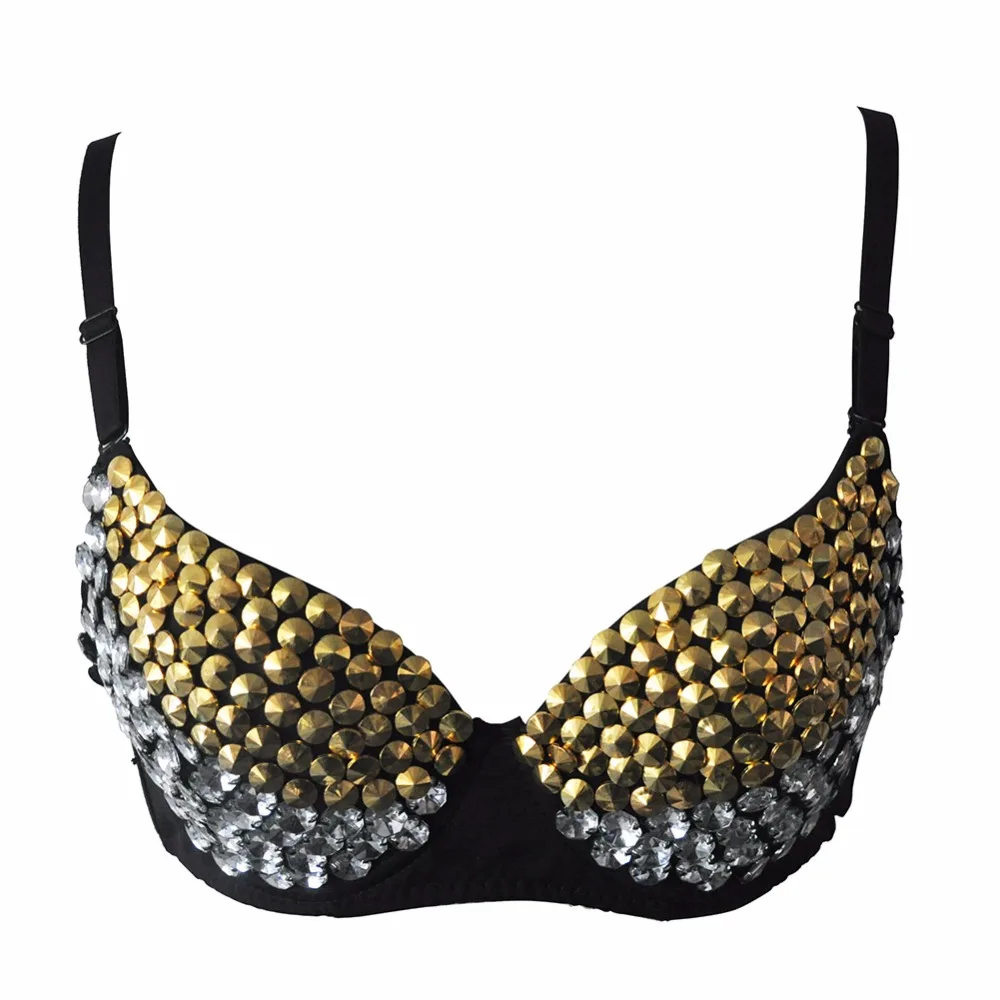

Sexy Free Shipping Punk Bra For Dancer Clubwear Performance Back Closure Push Up Clothes With Gold Spike & Silver Beading Sewing