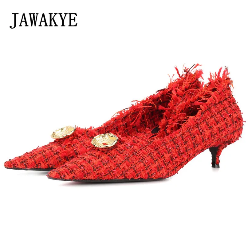 

New Kitten Heels pointed shoes Woman linen Woolen Woven Red Low heel Pumps Knife Metal Button Decoration High Heel Shoes