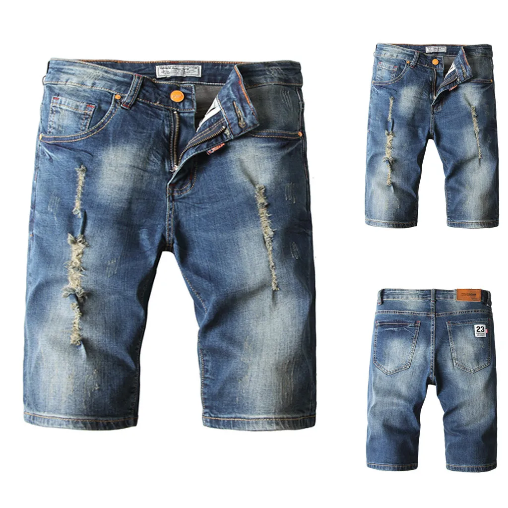Модные мужские джинсовые шорты на молнии с дырками тонкие прямые джинсы в стиле ретро 6,14