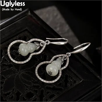 

Uglyless Handmade Hollow Gourd Earrings for Women Natural Jade Gourds Dangle Earrings 925 Sterling Silver Nesting Creative Jewel
