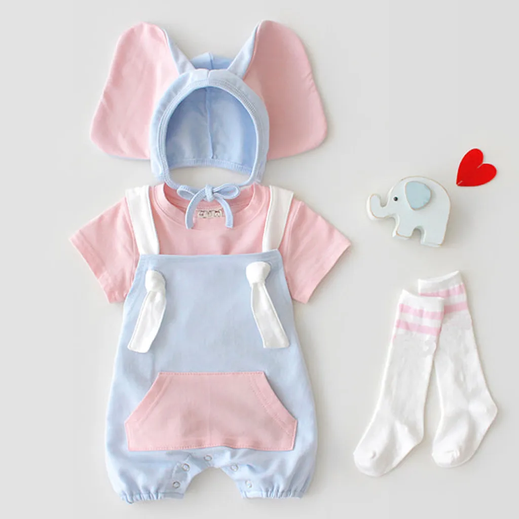 

ARLONEET 0-3years Baby Girl Boy Rompers Jumpsuit for Newborn infant romper summer Clothes Outfits+Cartoon Elephant Hat set J0606