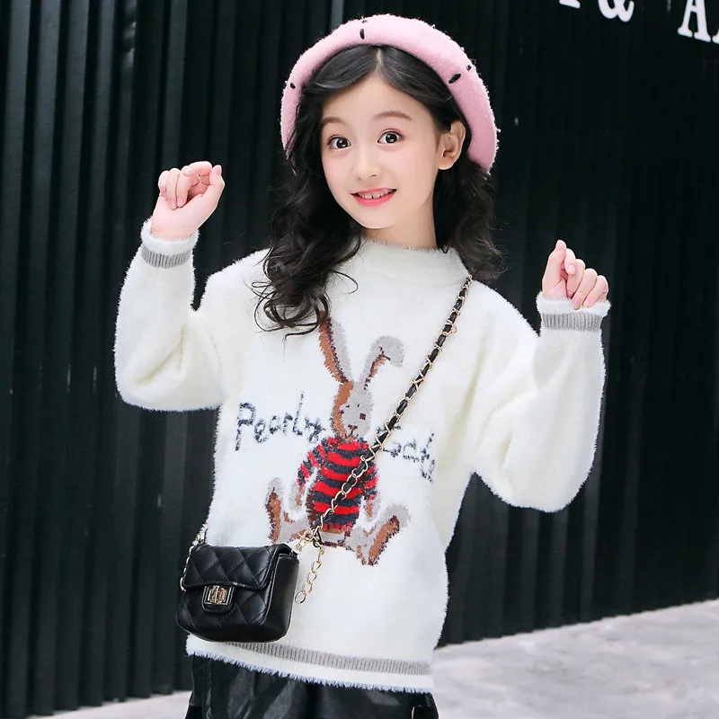 

2019 Winter Baby girls half-high collar knitted Sweater Children Rabbit Print Pullover Wool Outerwear kids Pullover Coat Q20