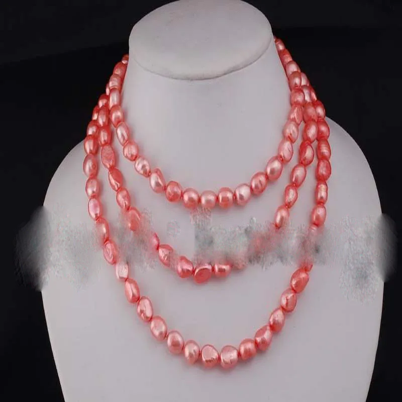 

New Women's Fashion pink red freshwater pearl baroque necklace 8-10mm 43" wholesale nature beads AAA933