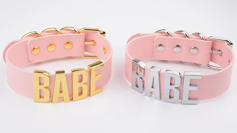 Pink BDSM Fetish Bondage Collar Necklace Cosplay Harajuku Gothic Babe Choker 100% Handmade Silver Letter Word Name Choker Women 12